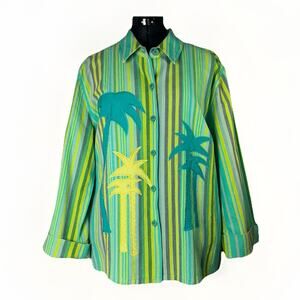 HEARTS OF PALM 16 Cotton Green Blue Stripe Button Shirt Embroidered Trees Pocket